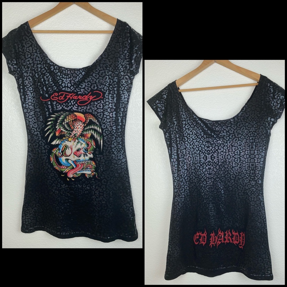 Ed Hardy Metallic Lamé Leopard Cheetah Mini Dress - Picture 3 of 9